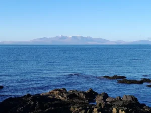 The Isle of Arran with snow-topped peaks as seen from Ardrossan